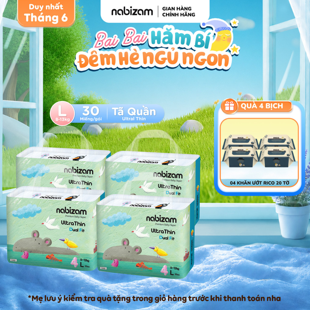 COMBO 4 Tã/Bỉm Quần Nabizam Ultra Thin Nội Địa Hàn Cao Cấp Mỏng Nhẹ Phù Hợp Cho Ban Đêm Size L Từ 8-