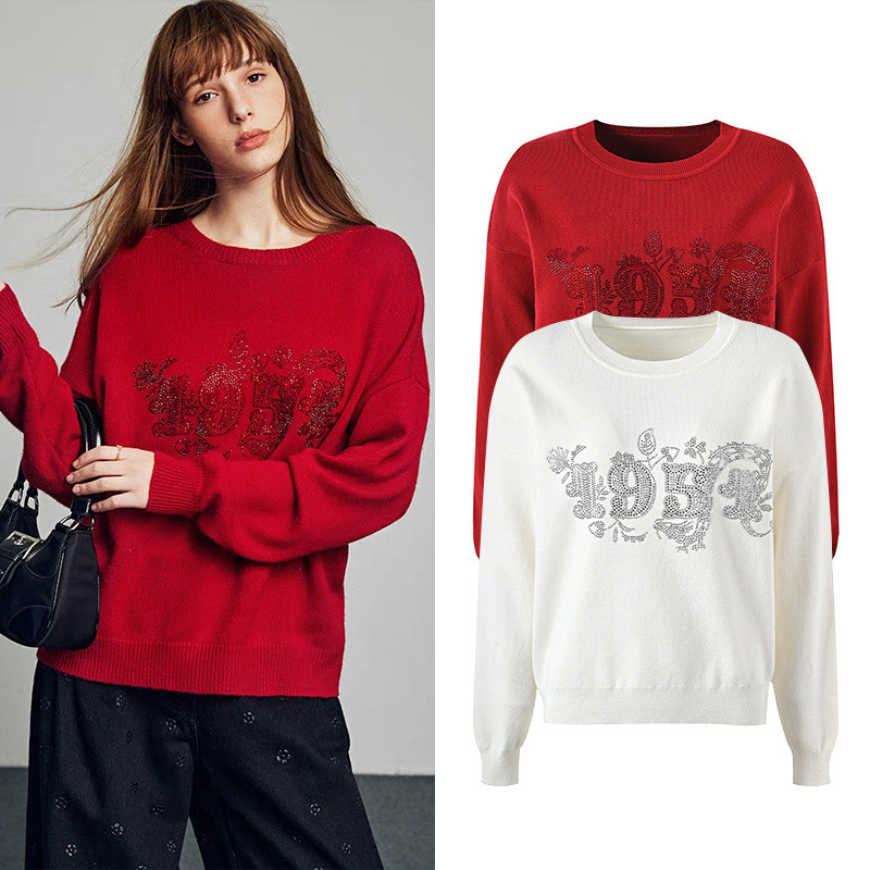 8VN3 Self-Portrait 2024Red sweater for the Year of the Dragon, New Year's clothing with rhinestones,