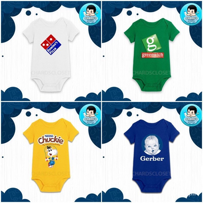 In Logo thực phẩm tùy chỉnh trên Baby Onesie (Domino 's Pizza, Greenwich, Chuckie, Gerber) IMAB