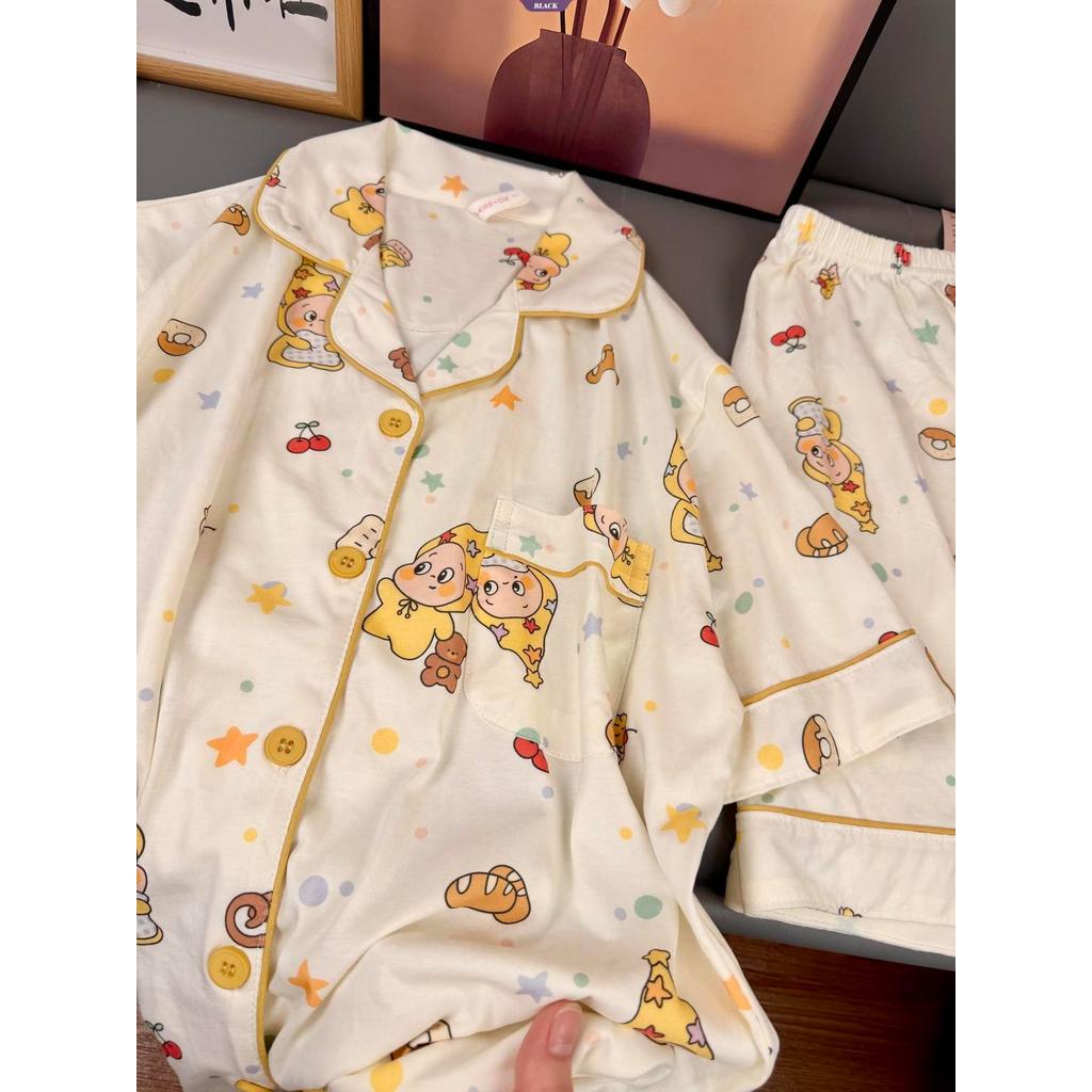 Bộ đồ ngủ nữ hoạt hình mùa hè Bread Star People: Bộ đồ ngủ Cardigan ngắn tay kiểu Nhật mới [BL]