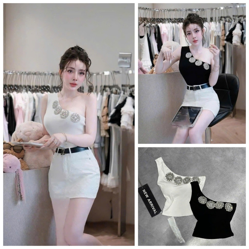 [Follow shop nhận mã 10k] Áo lệch vai hoa đá viền Gigi Closet AP1029