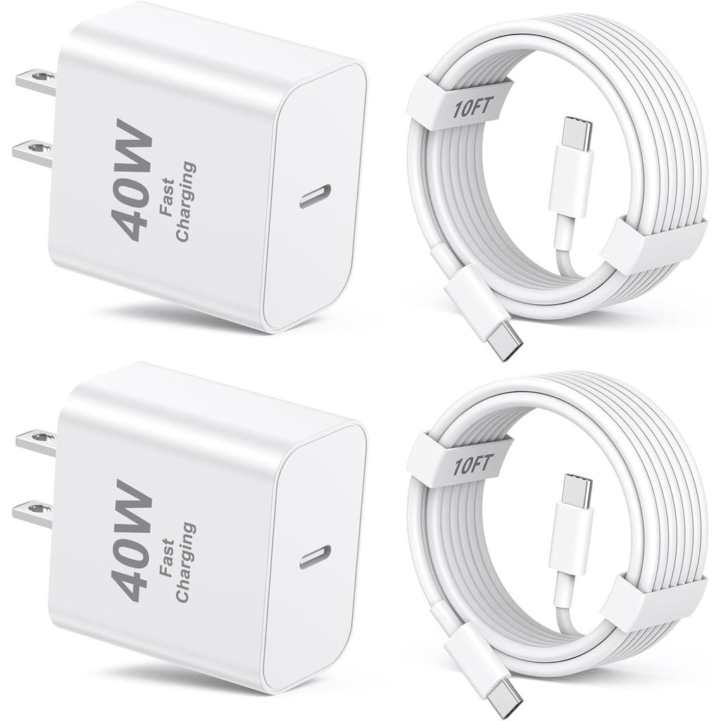 Sạc nhanh iPhone 17 Pro Max, Khối sạc tường nhanh 2 gói 40W USB C với dây cáp sạc 10ft Type C sang C