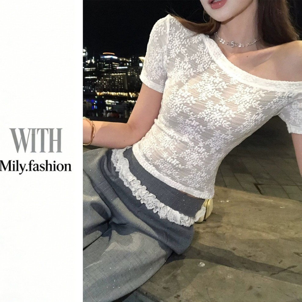 Milyfashion Pure Desire Slanted Vai Ren Áo Thun Tay Ngắn Mùa Hè Phong Cách Mới Niche Sang Trọng Mỏng