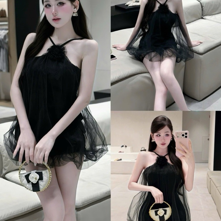 ĐẦM LƯỚI ĐEN CỔ YẾM ĐÍNH HOA BYJOLIE