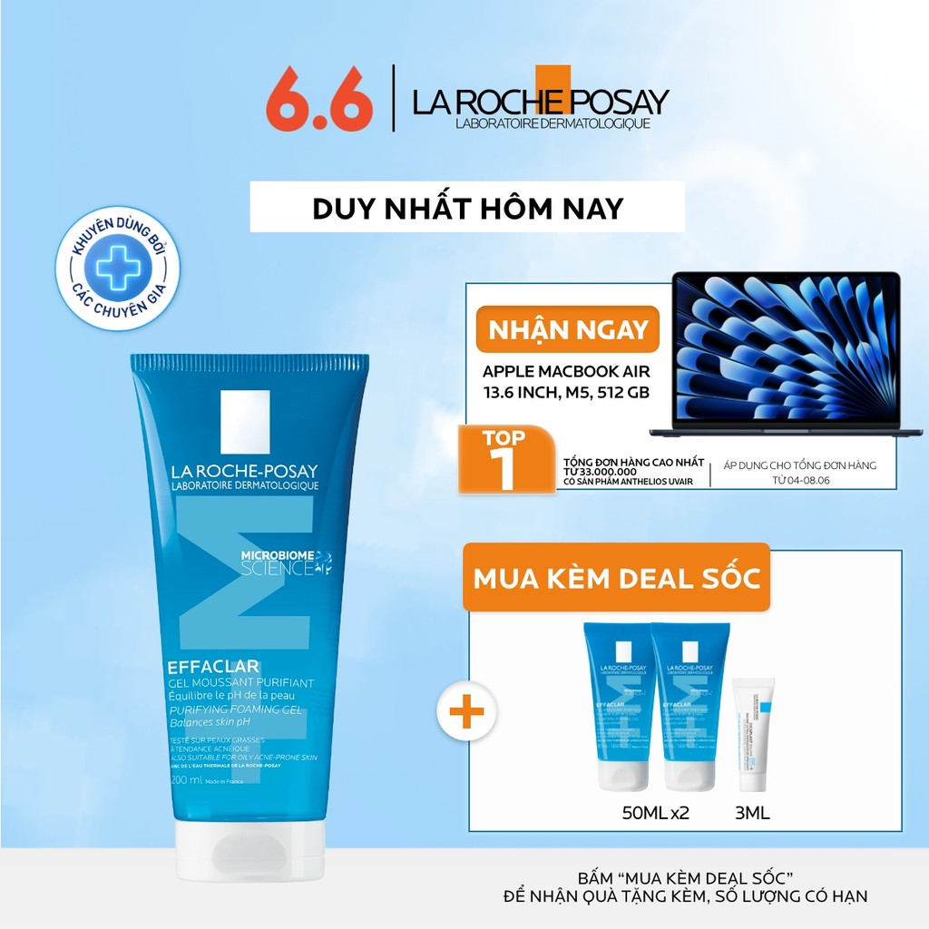 Gel rửa mặt sạch sâu giảm mụn cho da dầu mụn nhạy cảm La Roche-Posay Effaclar Foaming Gel 200ml