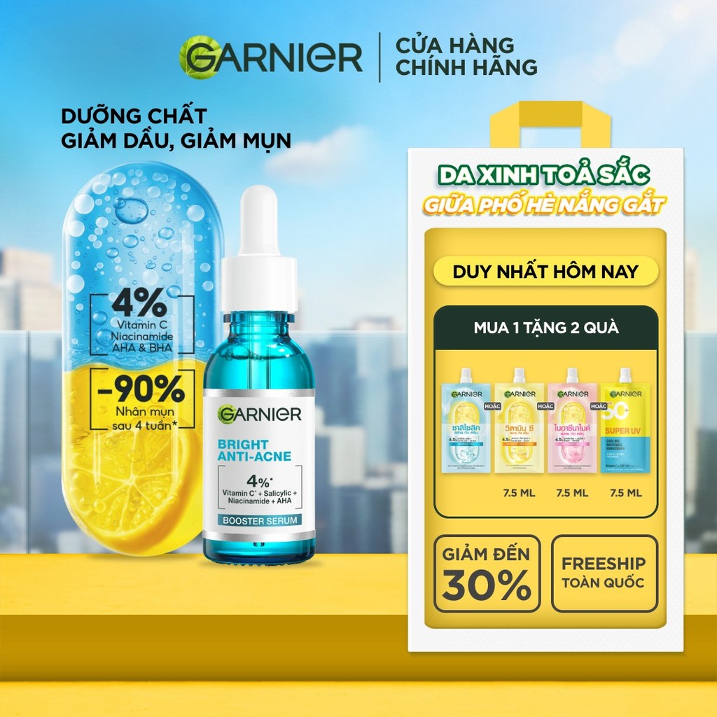 Dưỡng chất cho da dầu mụn Garnier Bright Complete Anti-Acnes Booster Serum 4% [Niacinamide, BHA, AHA