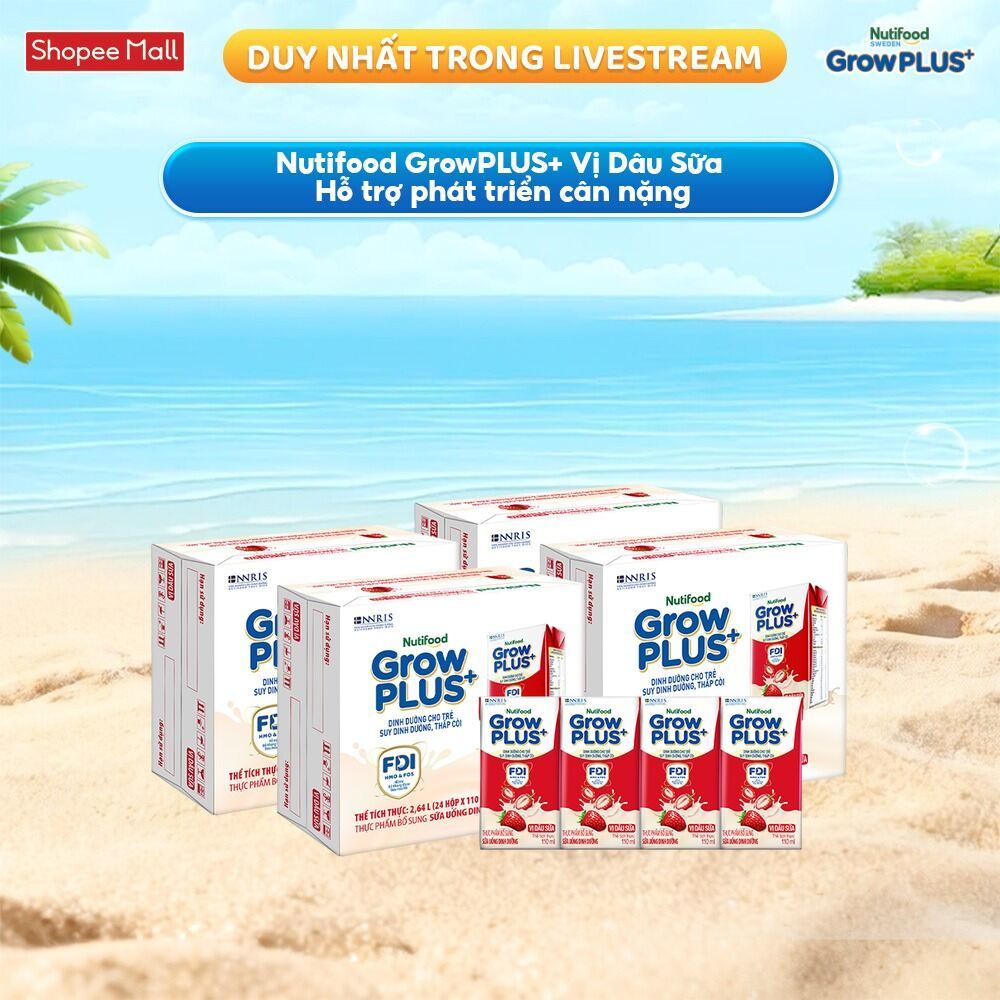Combo 4 Thùng 24 hộp Sữa bột pha sẵn Nutifood GrowPLUS+ Vị Dâu Sữa hộp 110ml - Trên 1 tuổi