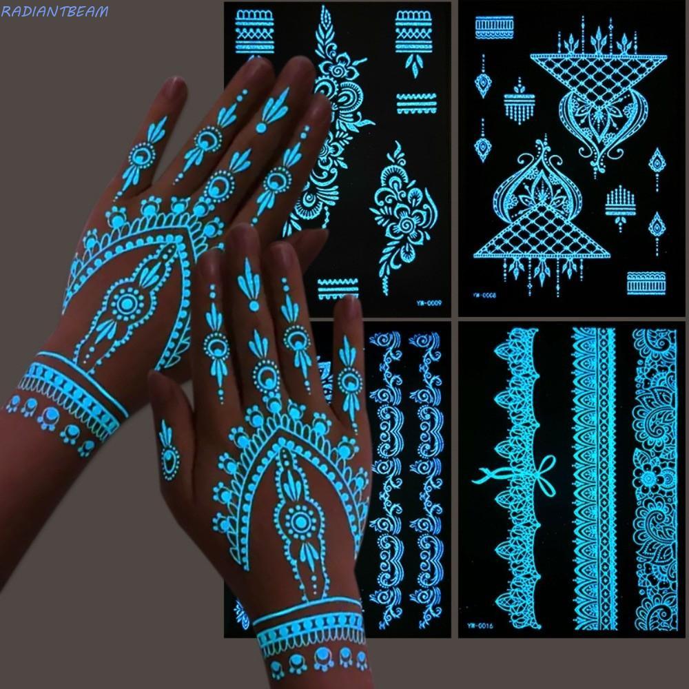 RADIANT Nhãn dán hình xăm Henna dạ quang, Công cụ cưới hoa Ấn Độ Đề can hình xăm Henna trắng, Ren He