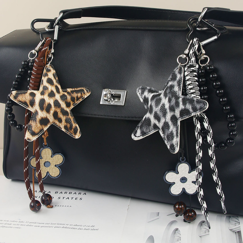 New Leopard Print Five-Pointed Star Hanging Accessories Miu Fashion Beaded Flower Braided Rope Handb