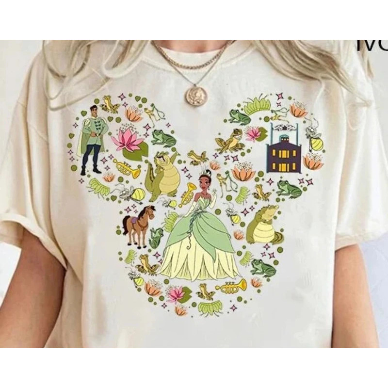 Áo thun tai Mickey công chúa Disney Tiana | Áo thun công chúa và ếch dễ thương Disney Park Váy du lị