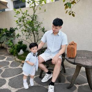 TB136 Áo sơ mi kẻ xanh cộc tay Taby Kids mặc đồ gia đình từ 60-75kg