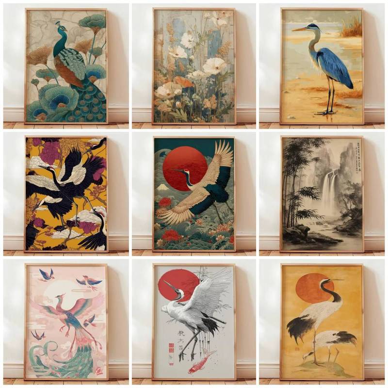 Nhật Bản Ukiyo-e Crane Con Công Hoa Treo Tường Bộ Vintage Chim Canvas Nghệ Thuật Chống Thấm Nước Tra