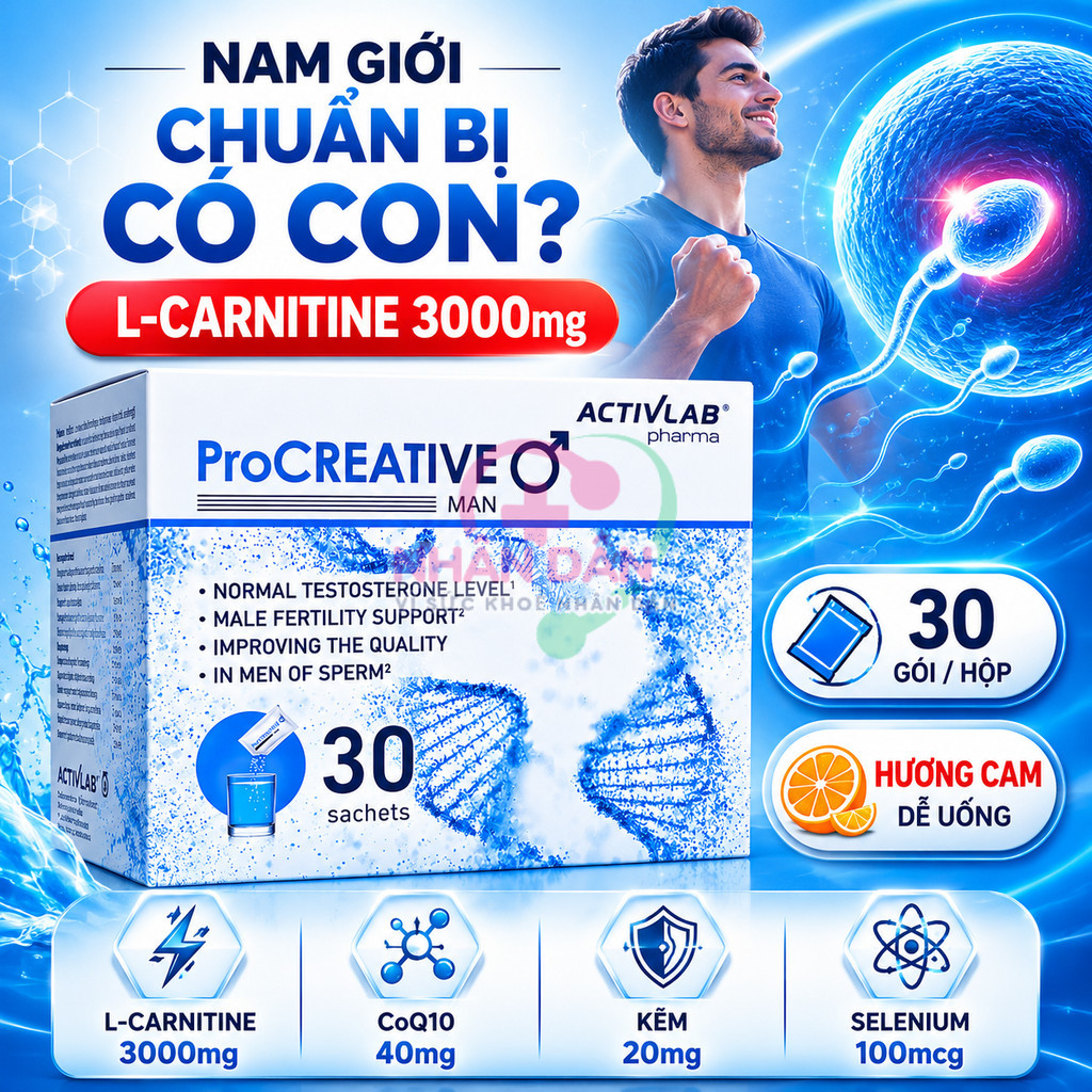 ProCREATIVE MAN 30 Gói - L-Carnitine 3000mg, CoQ10, Kẽm, Selenium, Hỗ Trợ Sức Khỏe Sinh Sản Nam