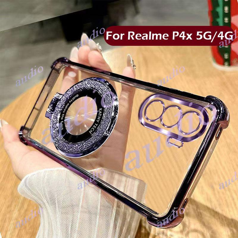 Ốp điện thoại trong suốt mạ bốn góc Realme P4x 4G 5G có giá đỡ cho realme P4x P4 Lite Power 4G 5G Vỏ