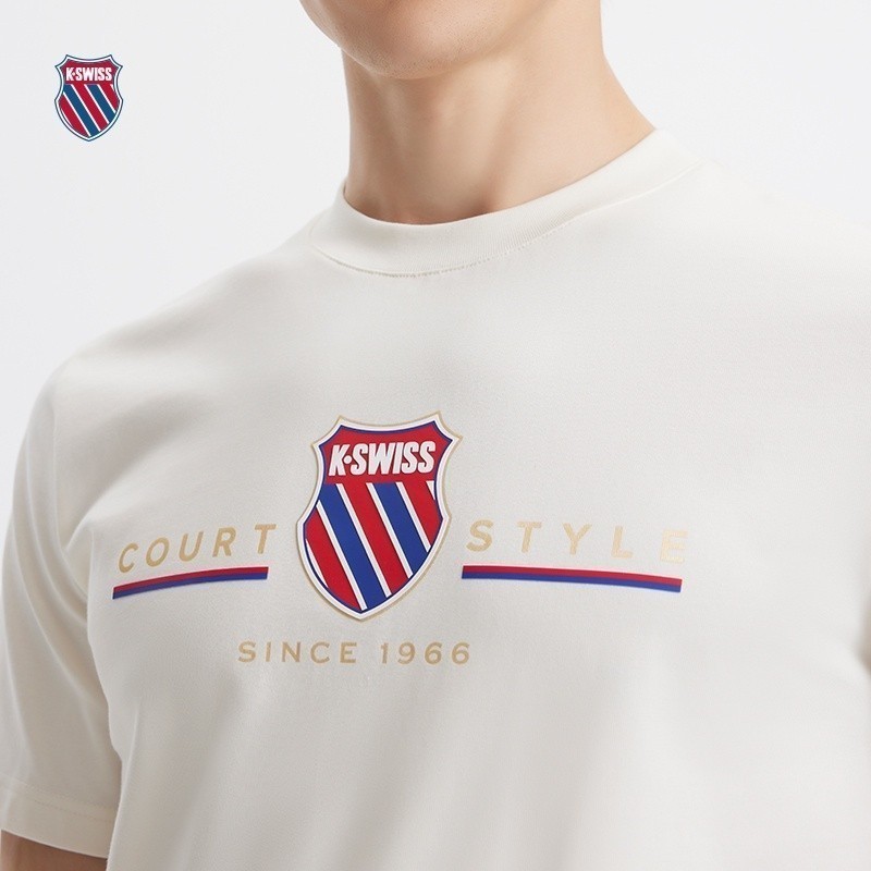 Áo thun thông thường mùa hè KSWISS xu hướng cotton đỏ và xanh lá chắn in chữ cổ tròn tay ngắn ssfs