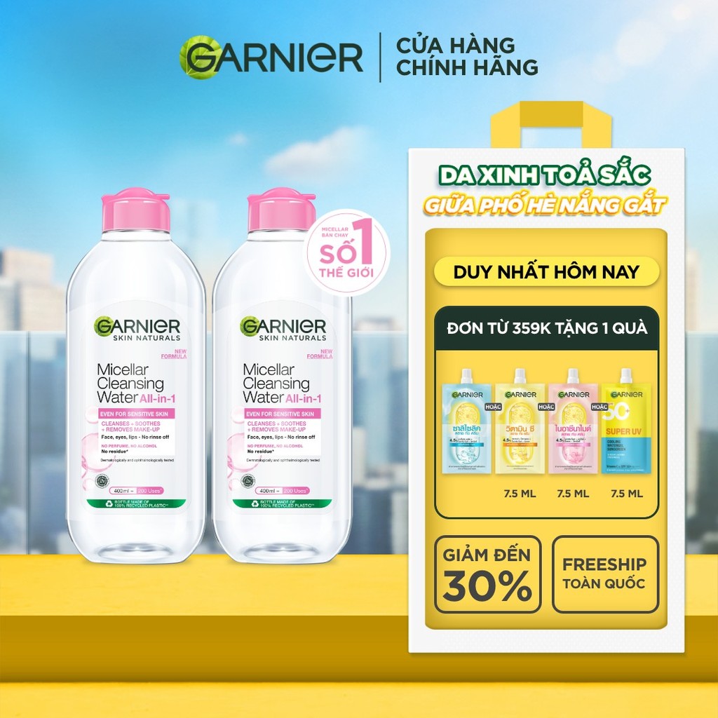 Bộ 2 nước làm sạch và tẩy trang cho da nhạy cảm (nắp hồng) Garnier 400ml x 2