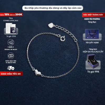 Lắc tay bạc nữ S925 Mặt Trái Tim Asimi Triple Heart LT13