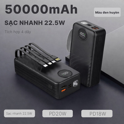Sạc Dự Phòng 50000mAh Sạc Nhanh 2 Chiều PD20W Tích Hợp Sẵn 4 Cáp Sạc Pin Dự Phòng Đa Năng Có Đèn Pin Chuẩn 3C Tiện Lợi