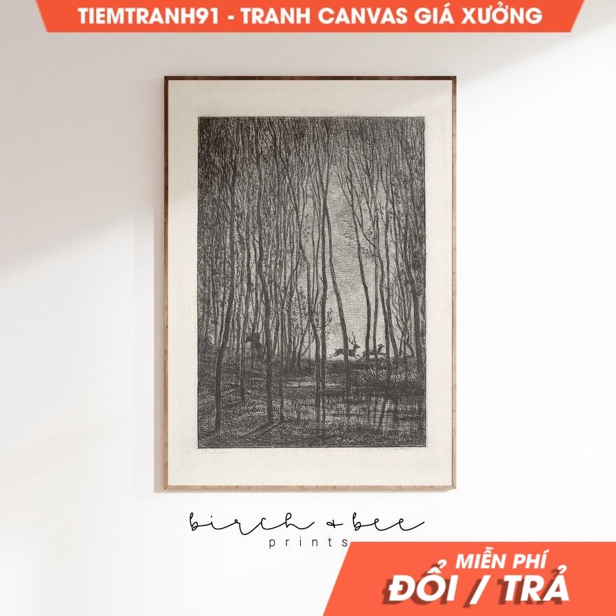 Tranh treo tường Deer in Woods Art  Vintage Tree Sketch  Forest Nursery Art, tặng kèm đinh treo, nhậ