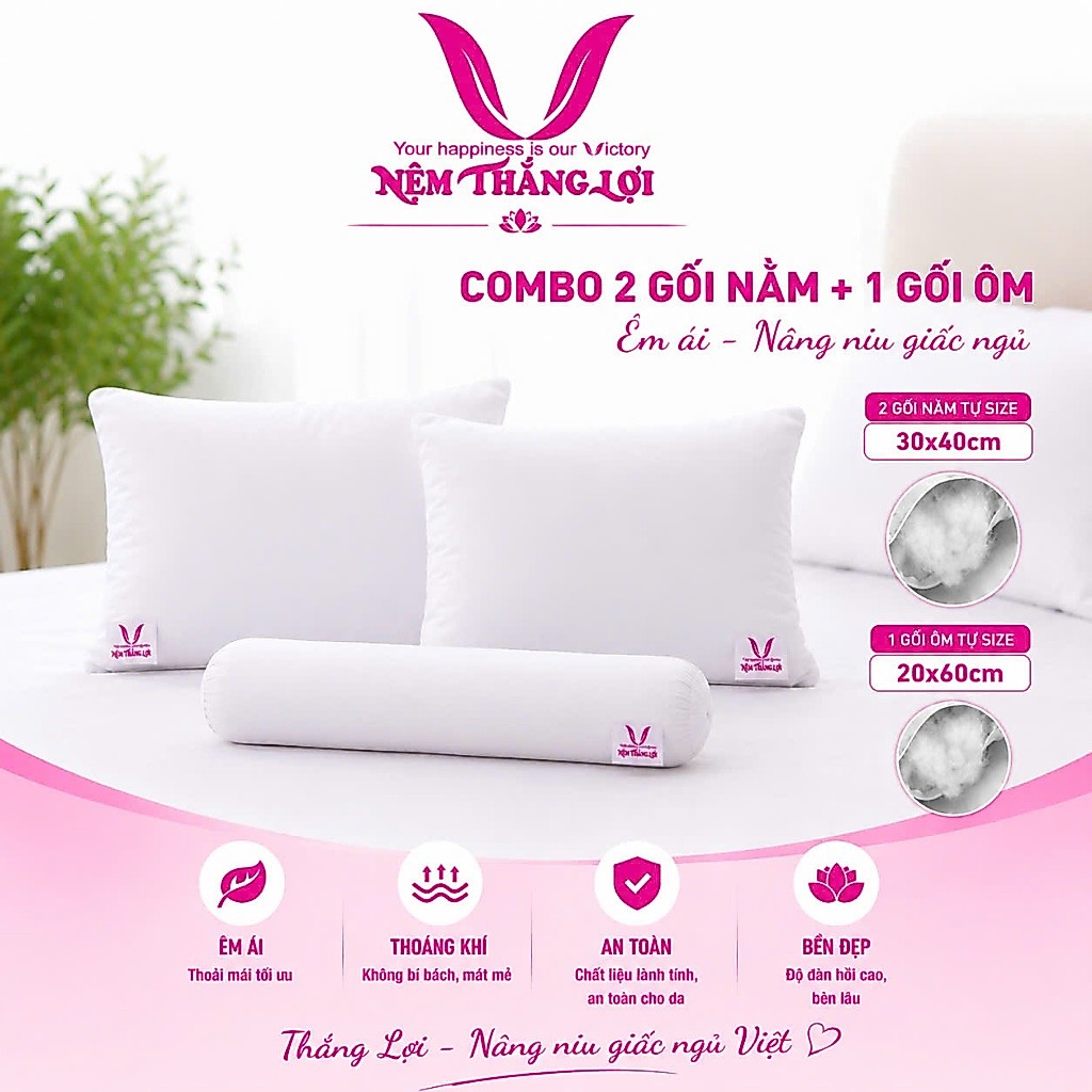 Bộ Ruột Gối Bông Gòn Ép Thắng Lợi Gối Nằm, Gối Ôm Thắng Lợi ( 40X60 , 50X70 , 35X100 ) chính hãng nệ