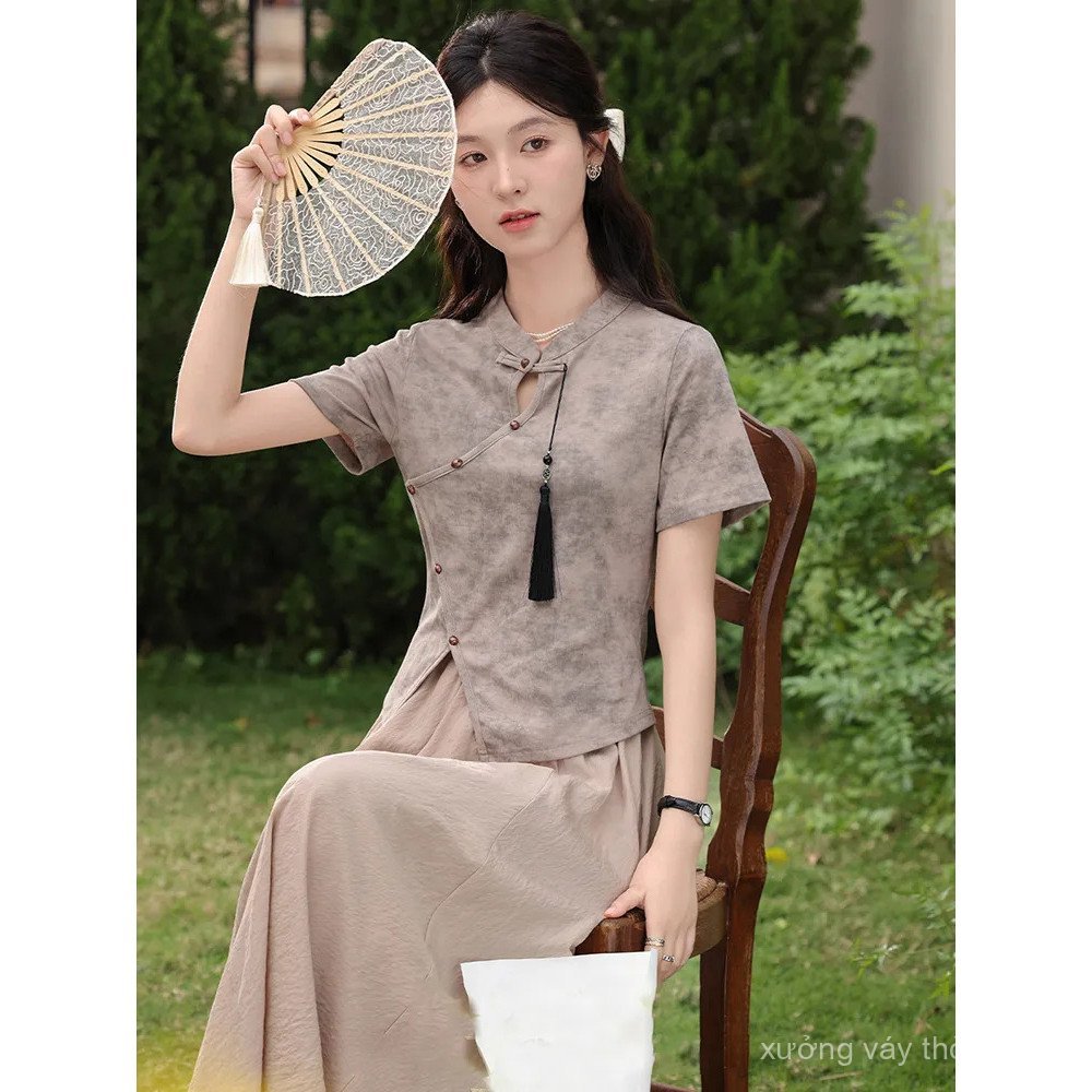 Xx · {Tranh mực sông núi} Thiết kế phong cách Trung Quốc mới Cảm giác áo thun đeo vai trang trọng dà