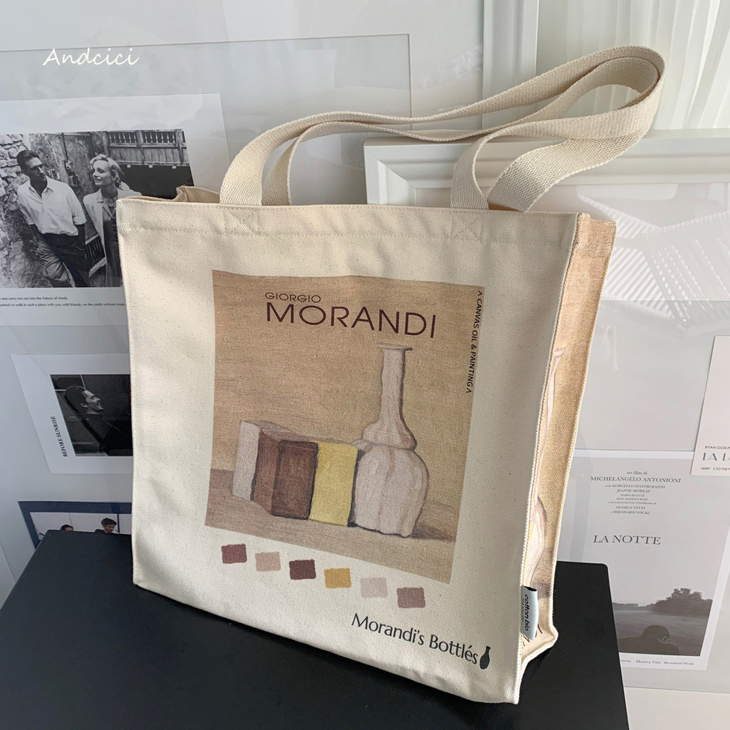 ANDCICICICICI◆Morandi ~ Morandi Chai Tranh Sơn Dầu Dây Kéo Túi Vải Nam Nữ Một Vai Sách Dung Tích Lớn