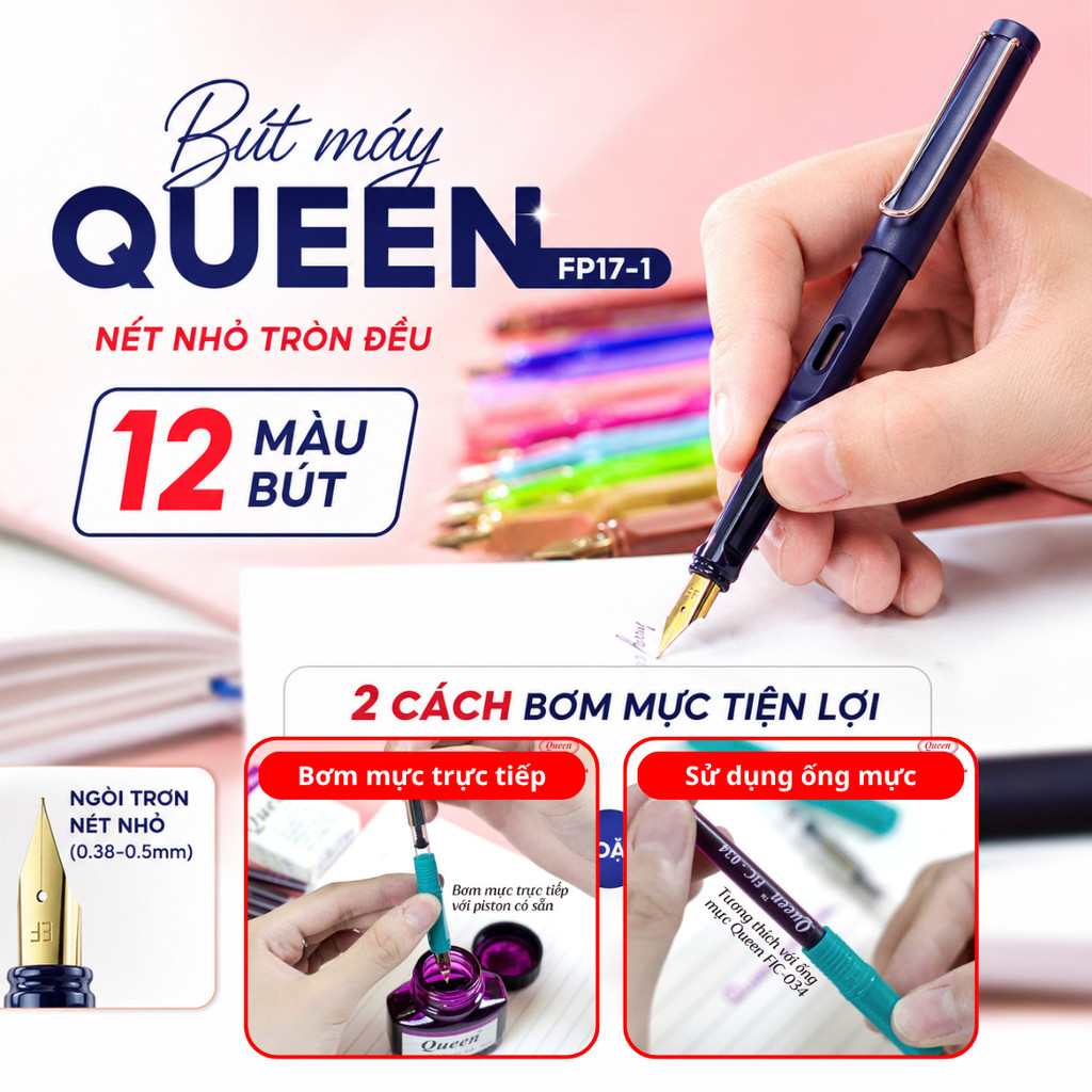 (Ngẫu nhiên) Bút máy ngòi trơn nét nhỏ tròn đều Queen FP17-1 (12 Màu bút) - Kiểm soát nét mực nhỏ, V