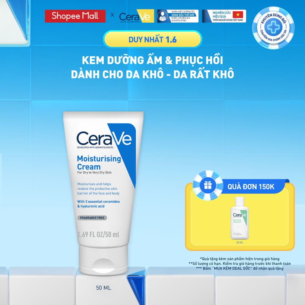 Kem dưỡng ẩm phục hồi chuyên sâu và giữ da ẩm mịn suốt 48H CERAVE MOISTURISING CREAM 50ML