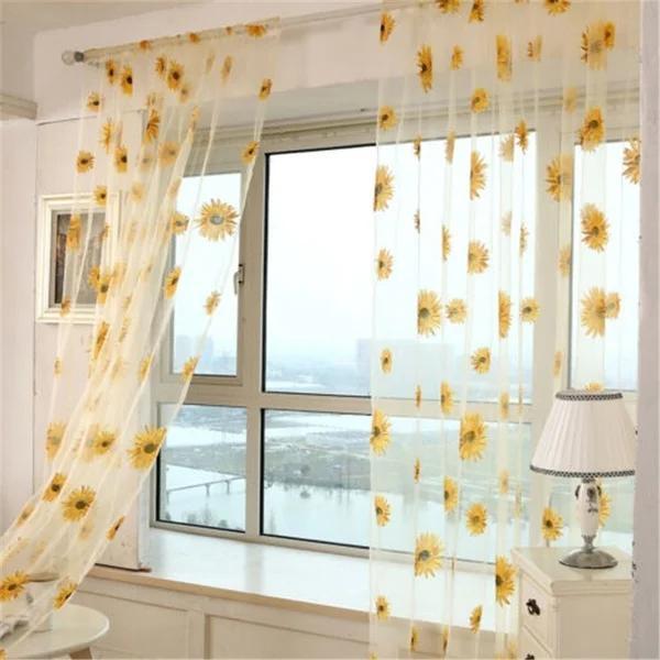Cortinas De Tule De Girassol Para Sala De Estar , Quarto , Cozinha , Painéis De Janela , Voile Trans
