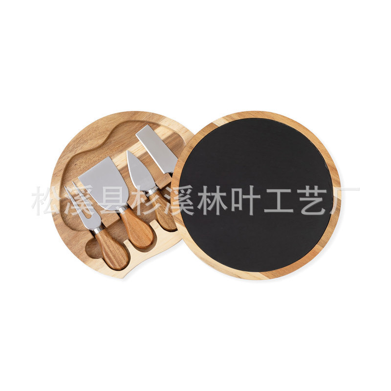 Acacia Gỗ Phô Mai Ban Ngăn Kéo Dao Bộ Gỗ Thớt Bít Tết Pizza Chảo Tròn Ban Phô Mai Slate Pizza Board