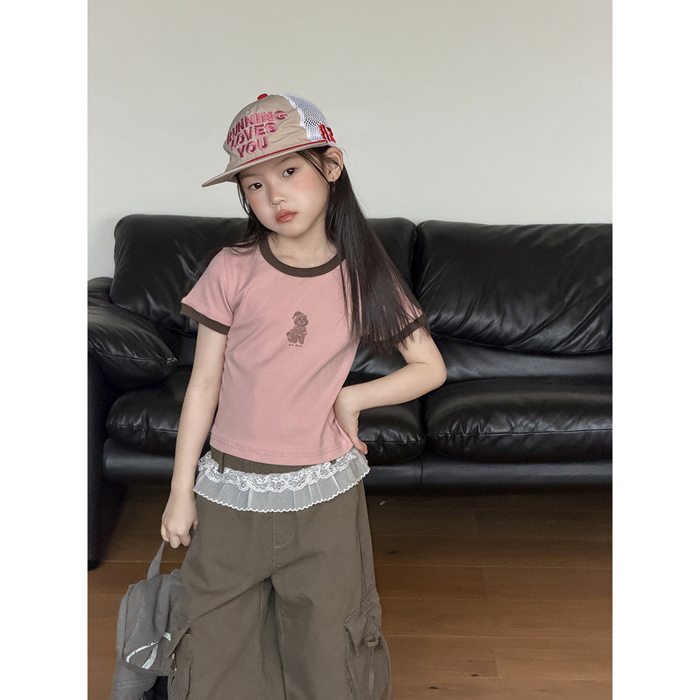 BEIFU BEIFU Trẻ Em Mùa Hè Màu Sắc Tương Phản Hoạt Hình Áo Thun Tay Ngắn Bé Gái Hàn Quốc Thường Ngày 