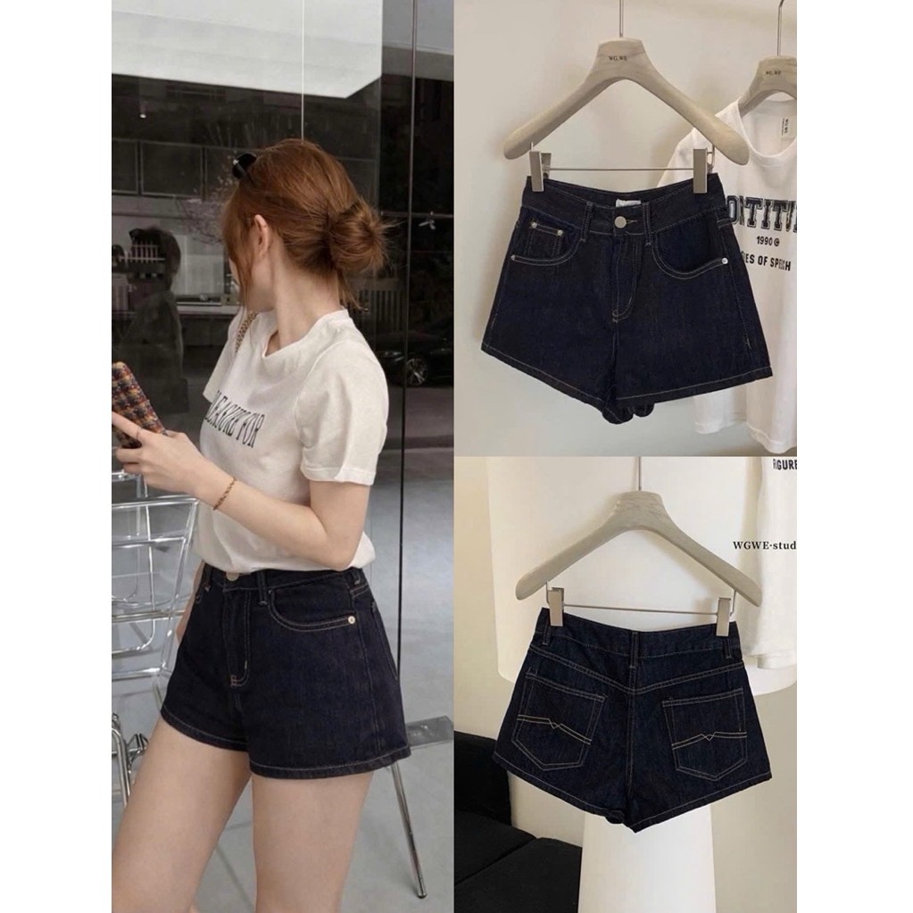 Quần Short Nữ Lưng Cao dáng Rộng màu Xanh Đậm Quần Đùi Nữ chất liệu Denim mềm Chỉ Nổi Basic | BigBuy360 - bigbuy360.vn