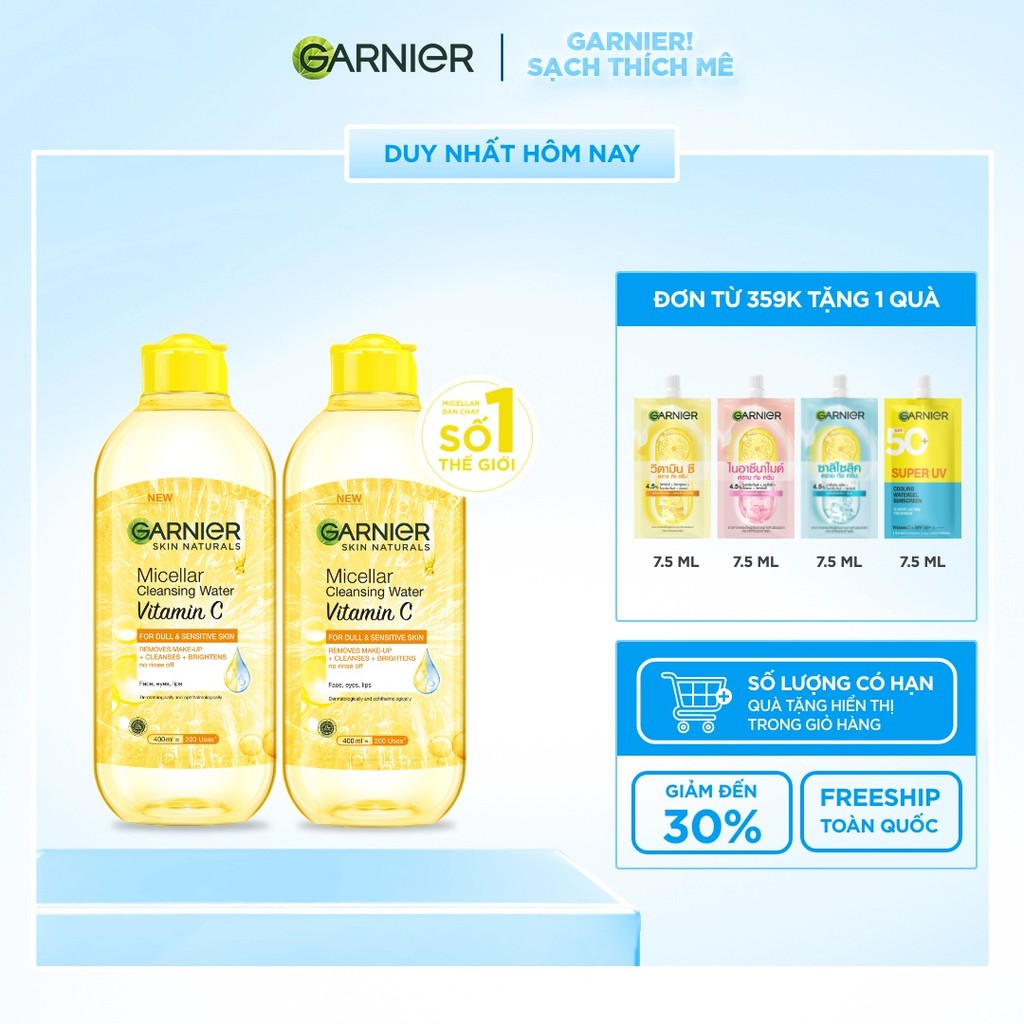 Bộ 2 nước làm sạch và tẩy trang dưỡng sáng da Garnier Micellar Water Vitamin C 400ml x 2