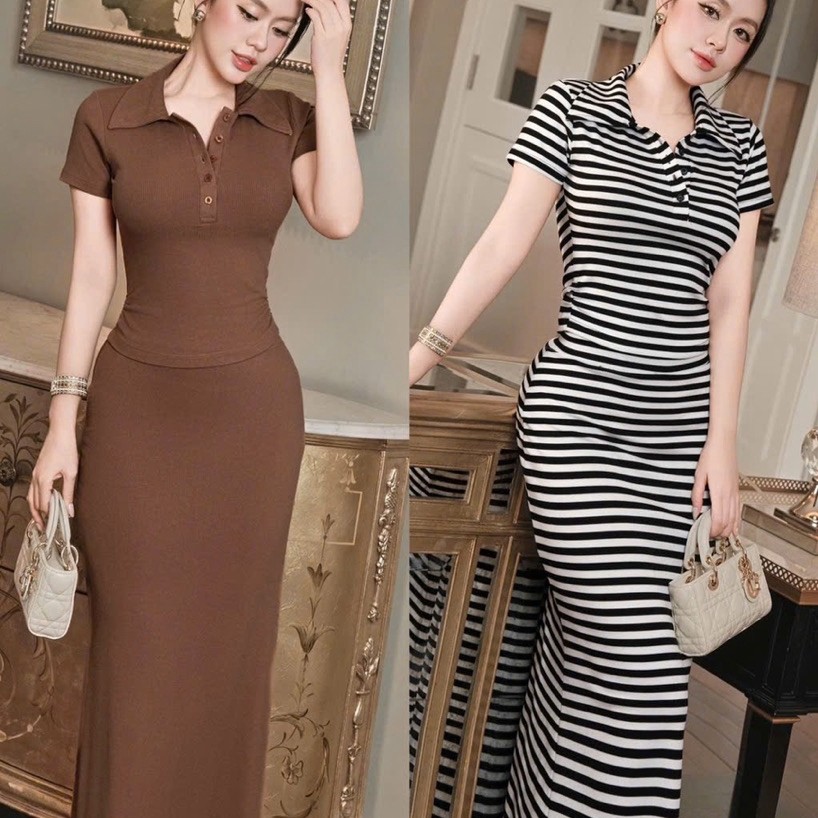 Set Áo Thun Cổ Polo Phối Chân Váy Ôm Dài 𝐃𝟐𝐓 𝐒𝐓𝐎𝐑𝐄