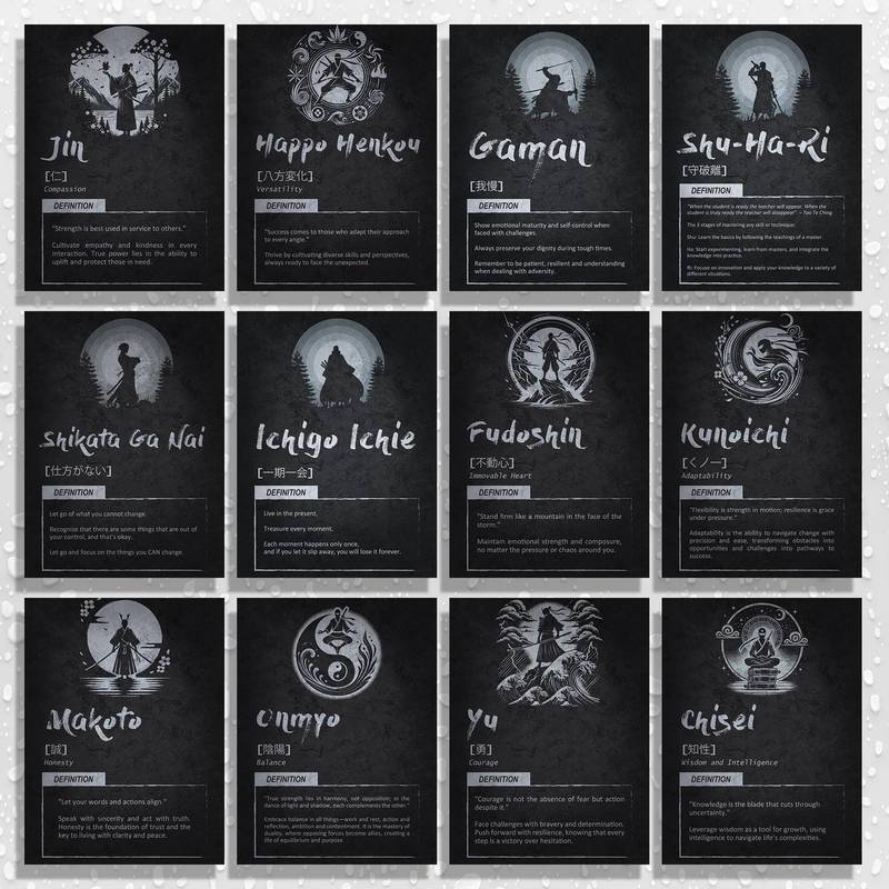 Nhật Bản Bushido Virtue Tường Nghệ Thuật Bộ Samurai Kanji Định Nghĩa Gaman Ichigo Ichigo Fudoshin Đe