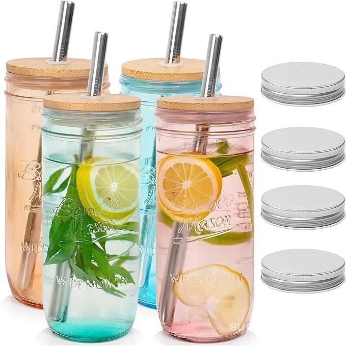 Mason Life 24 oz Miệng Rộng Mason Jar Uống Ly Cà Phê Đá Có Nắp Và Ống Hút, Mason Jar Kính Uống Nhiều