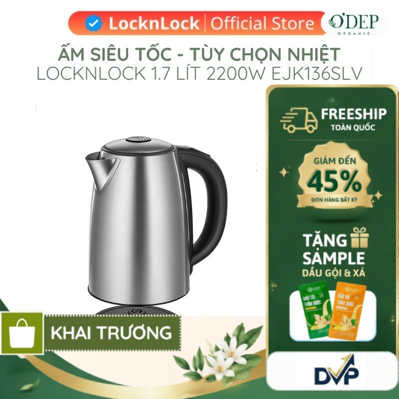Ấm đun siêu tốc LocknLock 1.7L 2200W tùy chọn nhiệt độ sôi, giữ ấm pha sữa EJK136SLV - SHOP DVP