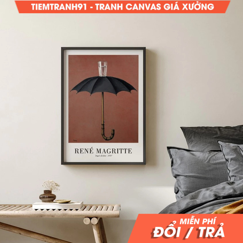 Tranh treo tường, Rene Magritte Poster, Hegel's Holiday, Black Umbrella Coral Pink Neutral Wall Art,