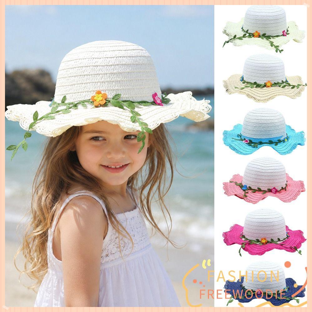 Mũ Rơm FREEWOODIE, Mũ Chống Nắng Vành Rộng Trang Trí Hoa, Tấm Che Nắng 3-7Year Sweet Handmade