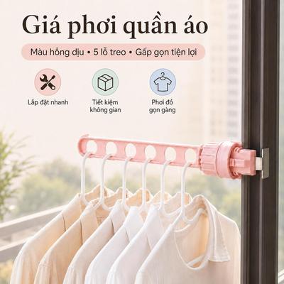 Giá phơi quần áo Kẹp phơi cửa sổ màu hồng 5 lỗ treo lắp đặt nhanh gấp gọn tiện lợi