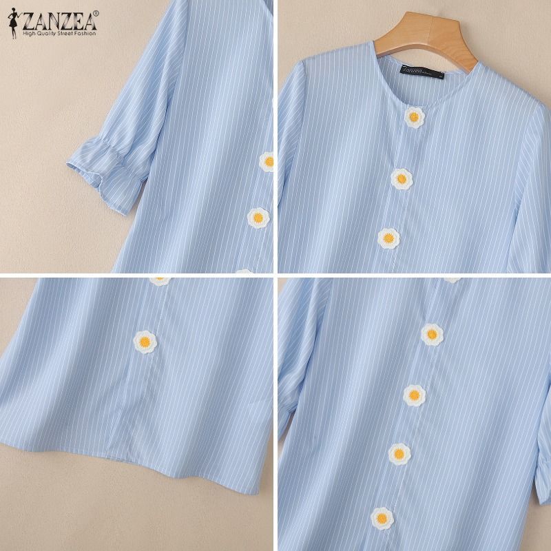ZANZEA Nữ Hàn Quốc Sọc Màu Trơn 3D Hoa Cổ Tròn Tay Ngắn Rời H-Line Áo | BigBuy360 - bigbuy360.vn