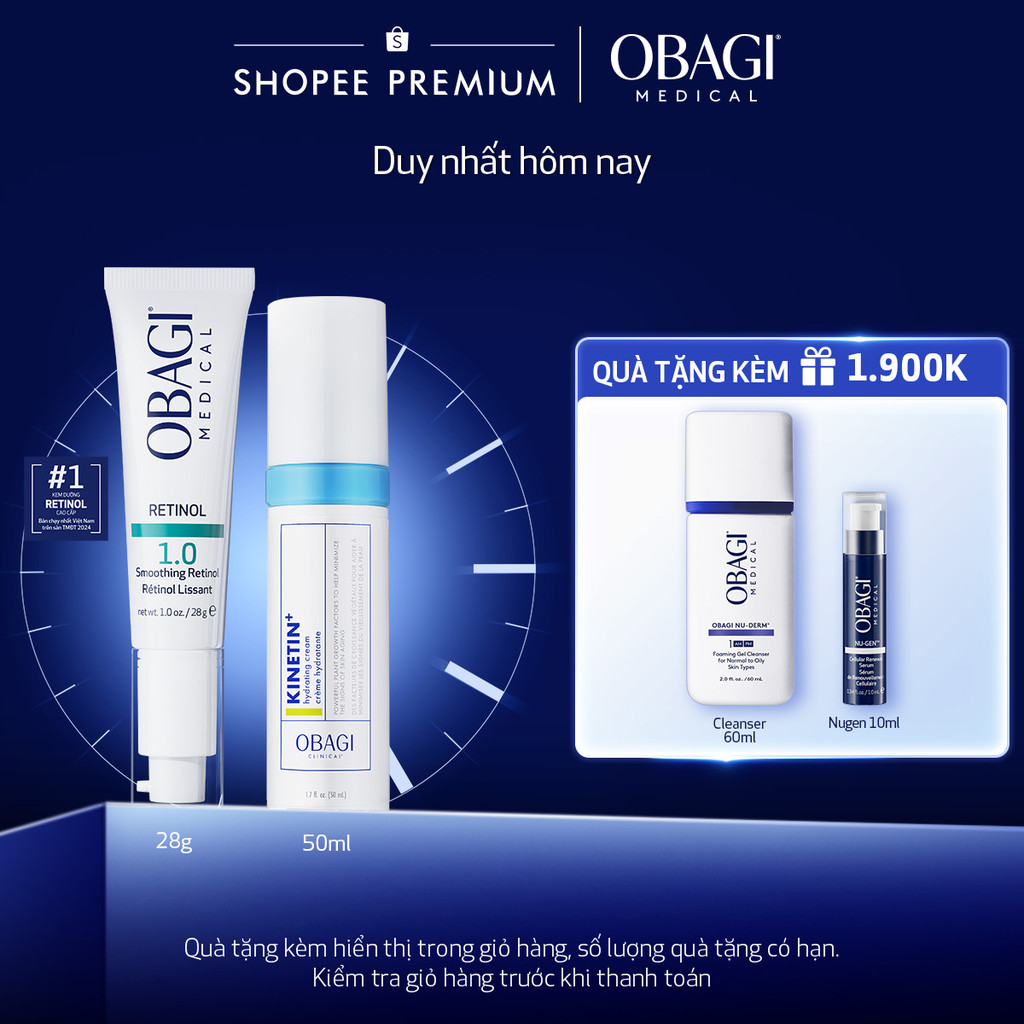 Bộ đôi Kem chống lão hóa Obagi Retinol 1.0 28g và Kem dưỡng phục hồi Obagi Clinical Kinetin+ Hydrati
