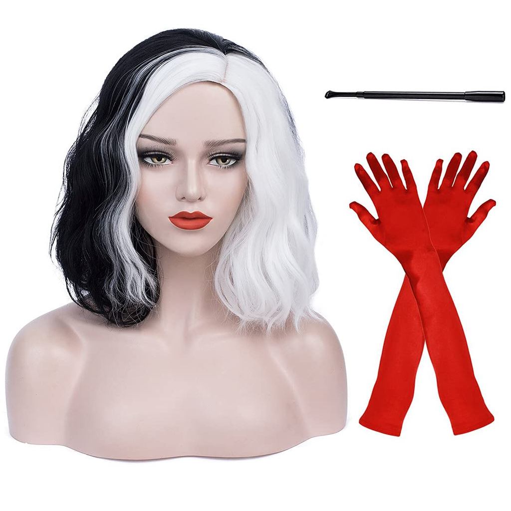 Ruina Đen Trắng Cruella Deville Tóc Giả Cho Cruella Deville Trang Phục Nữ Xoăn Sóng Tóc Giả Cho Hall