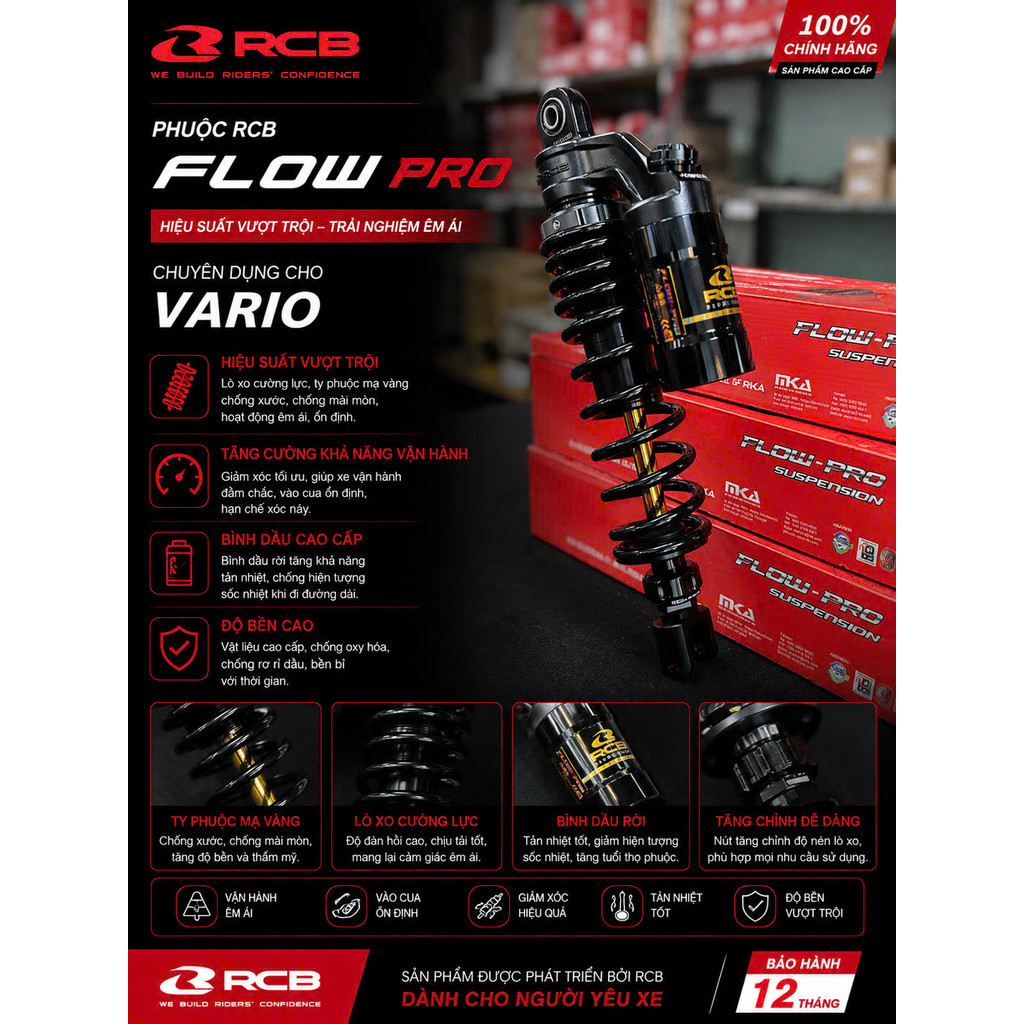 Phuộc Bình Dầu RCB Mẫu ( FLOW - PRO ) Gắn Cho Vario / Click / Vision ( Size : 330MM / 340MM ) Chính 