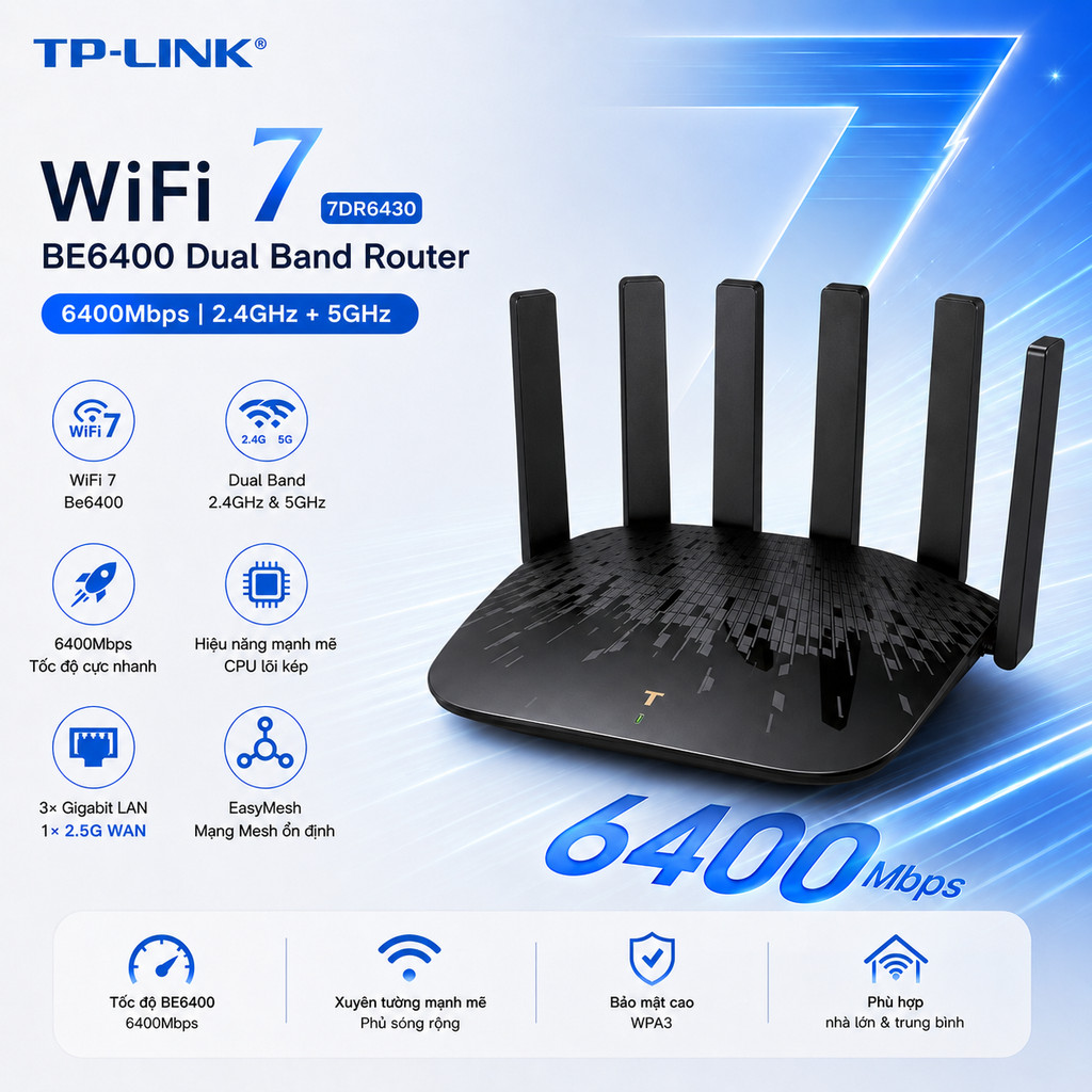 TP-Link Wifi 7 7dr6430 Wifi7 Băng Tần Kép Bộ Định Tuyến Không Dây 5G Cổng 2,5G Be6400