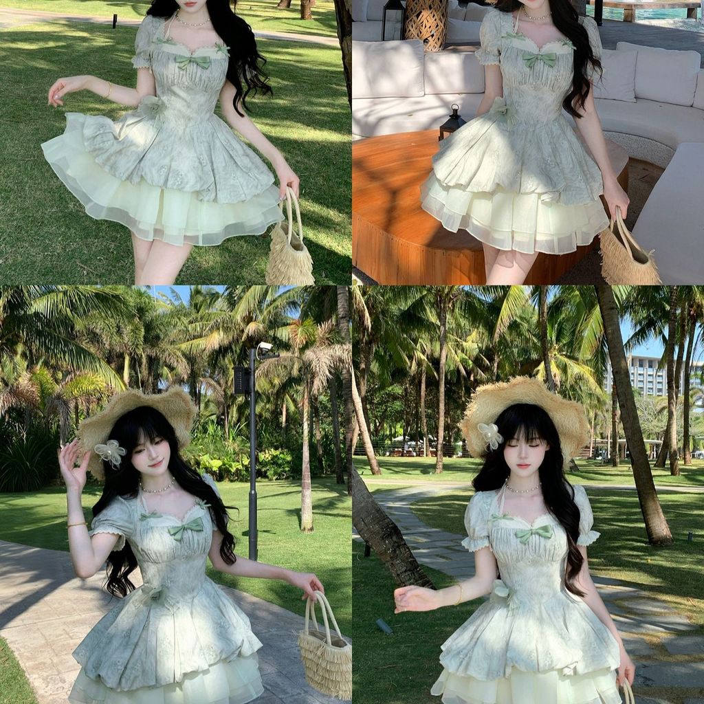 Jacquard Nữ Công Chúa Nhỏ Phong Cách Mới Puffy Đầm Phong Cách Puffy 2026 Mùa Hè Cô Gái Ren Tay Áo Tư