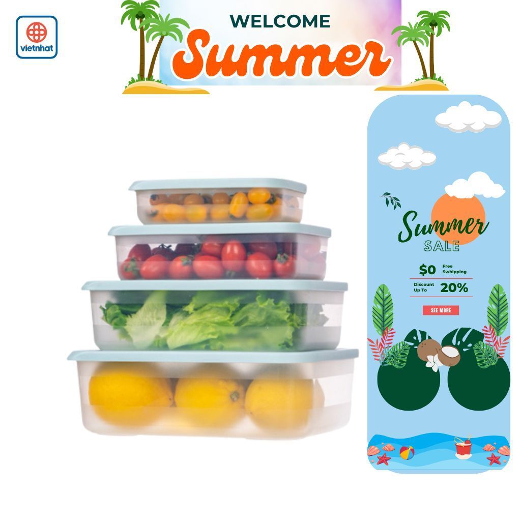 Bộ Hộp Bảo Quản Thực Phẩm Việt Nhật 6596 – Có Nút Hẹn Giờ, Nắp Kín Chống Tràn – Đựng Đồ Ăn – TDH