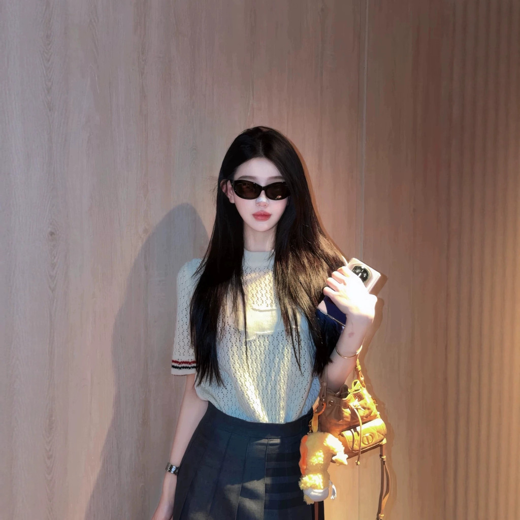 UIGB ~Summer new college-style mesh hollow-out short-sleeve women's Korean-style round-neck slim-fit