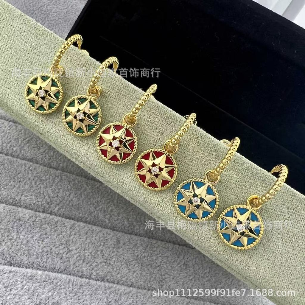 Compass eight-pointed star white shell stud earrings with French elegance925Silver pin earrings