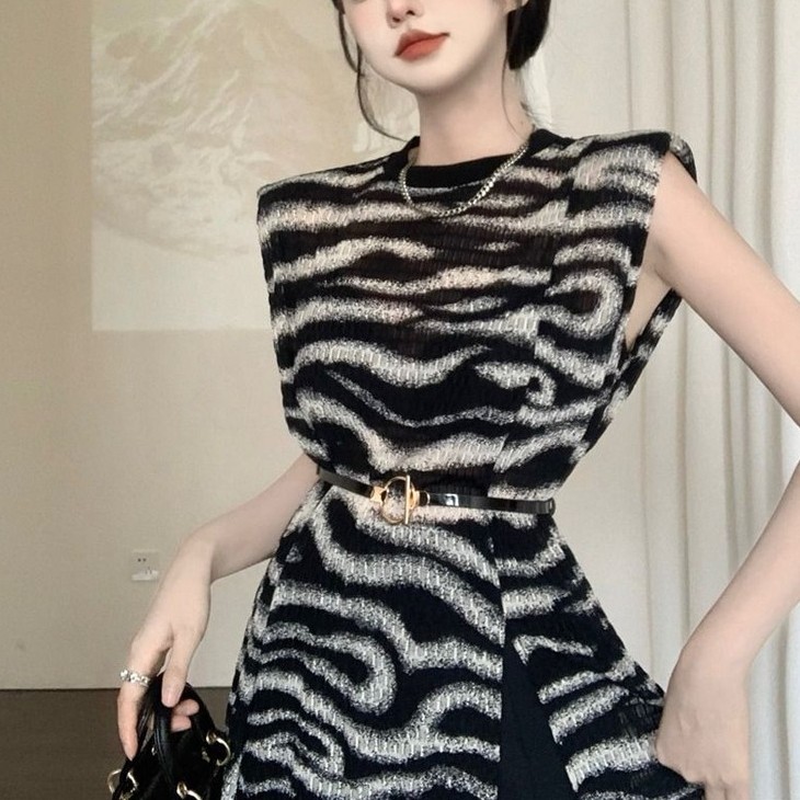 MR [Zebra Print] Pure Desire Hot Girl Slimmer Look Nhỏ Da Báo In Không Tay Nữ Niche Vest Váy Ngắn Mù